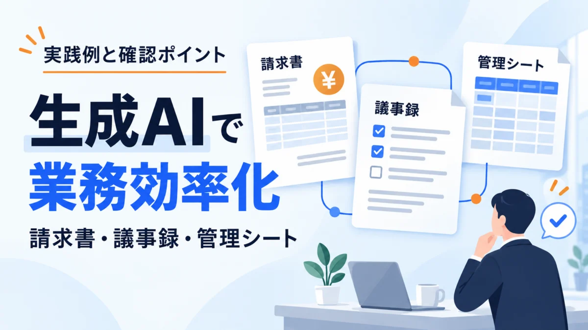 生成AIで業務効率化|請求書・議事録・管理シートの実践例を紹介するイラスト