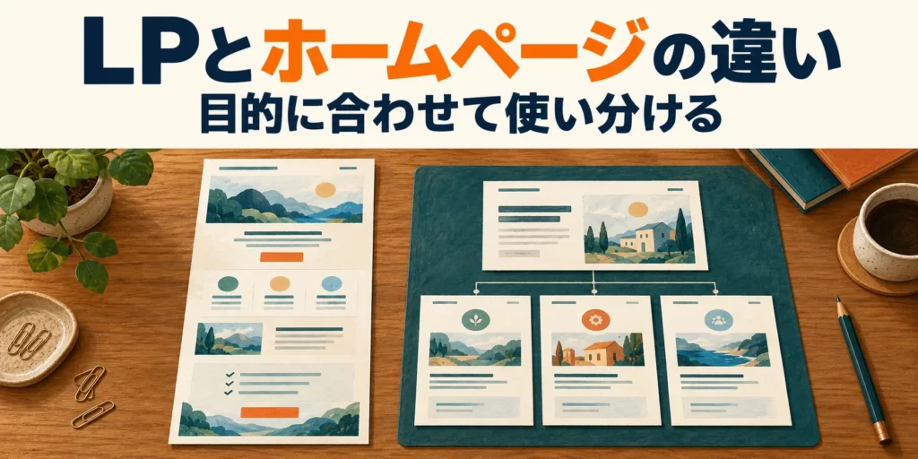LPとホームページの違い。目的に合わせた使い分けを示すサイト構成の比較図