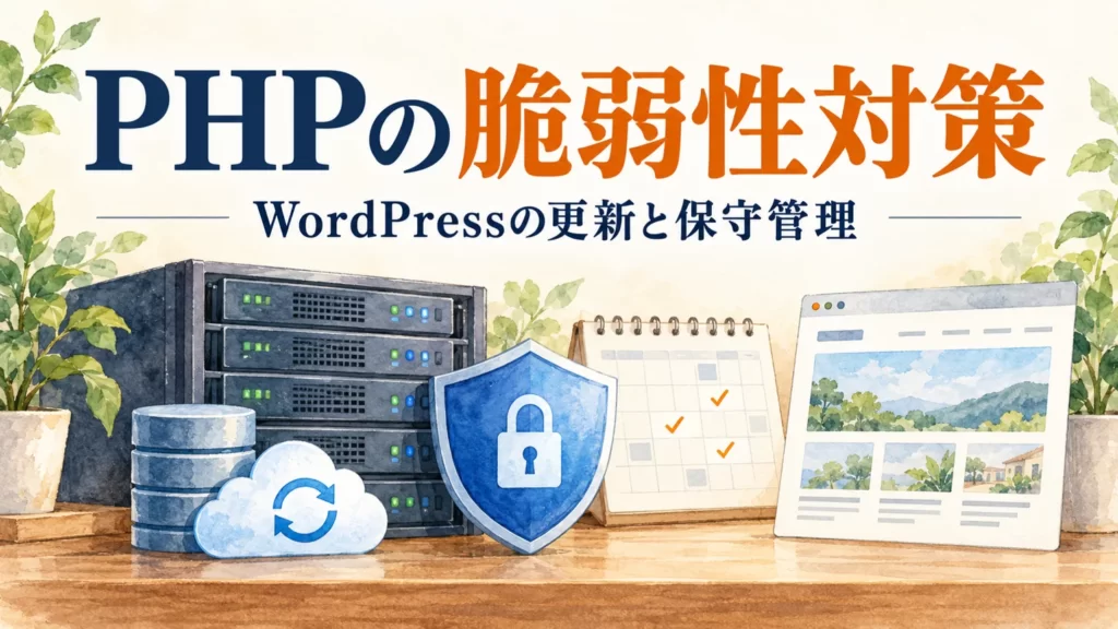 PHPの脆弱性対策。サーバー、バックアップ、定期点検を表すイラスト