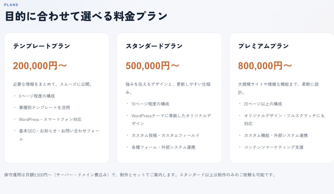 3つの制作プランと保守運用の条件を並べたアセントウェブの料金画面
