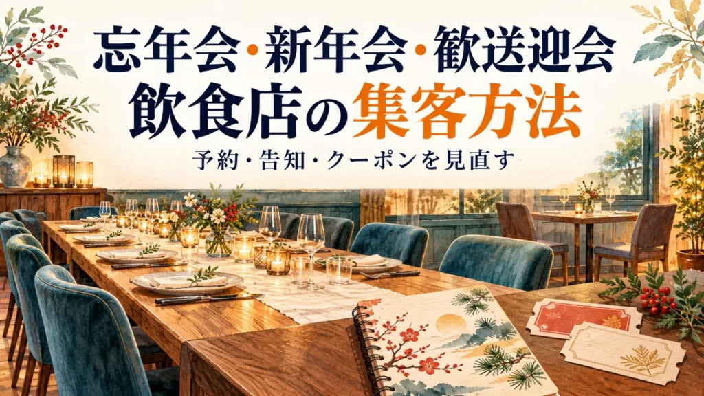 忘年会・新年会・歓送迎会の集客方法。宴会席とクーポンを描いたイラスト