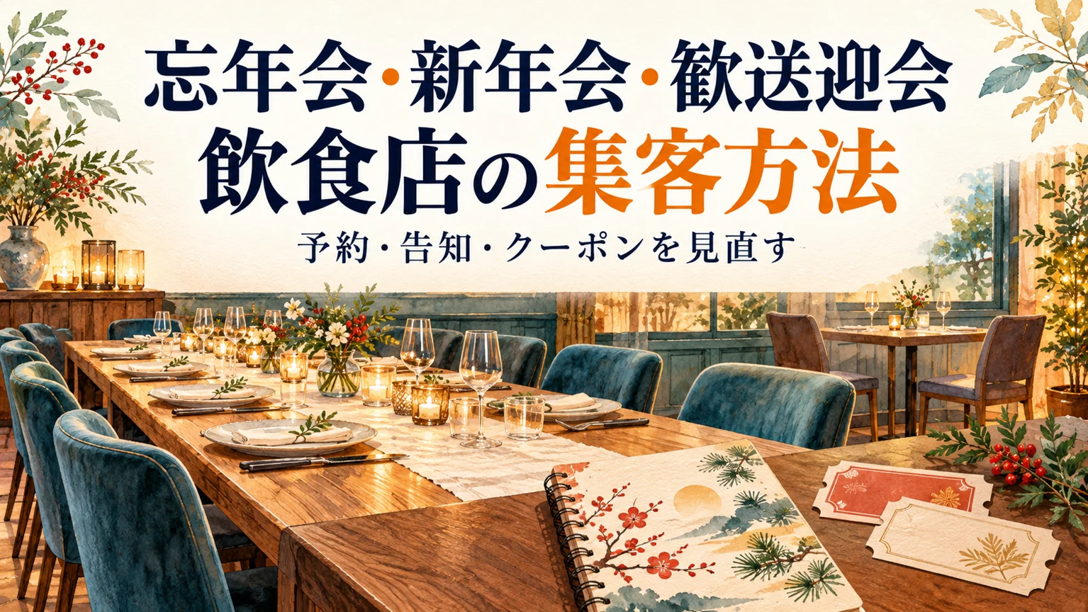 忘年会・新年会・歓送迎会の集客方法。宴会席とクーポンを描いたイラスト