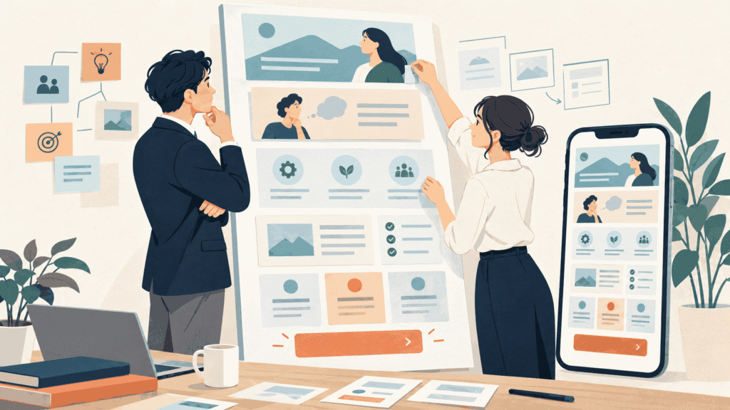 事業者と制作担当者が、縦長のLP構成とスマートフォン表示を確認するイラスト