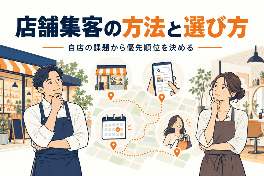 店舗集客の方法と選び方|自店の課題から優先順位を決める実践ガイド。関連資料を見比べるイラスト。