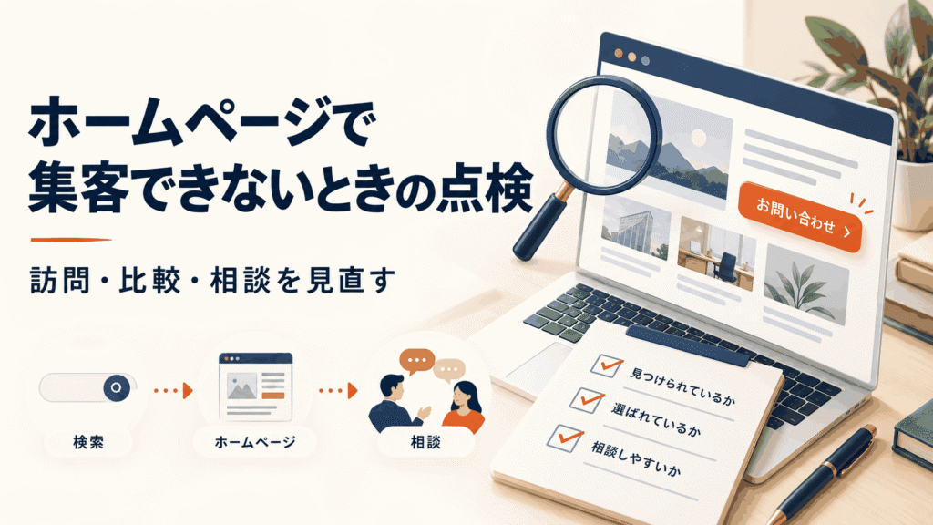 ホームページ集客の点検。検索からサイト、相談へつながる流れとチェックリストを描いた図。
