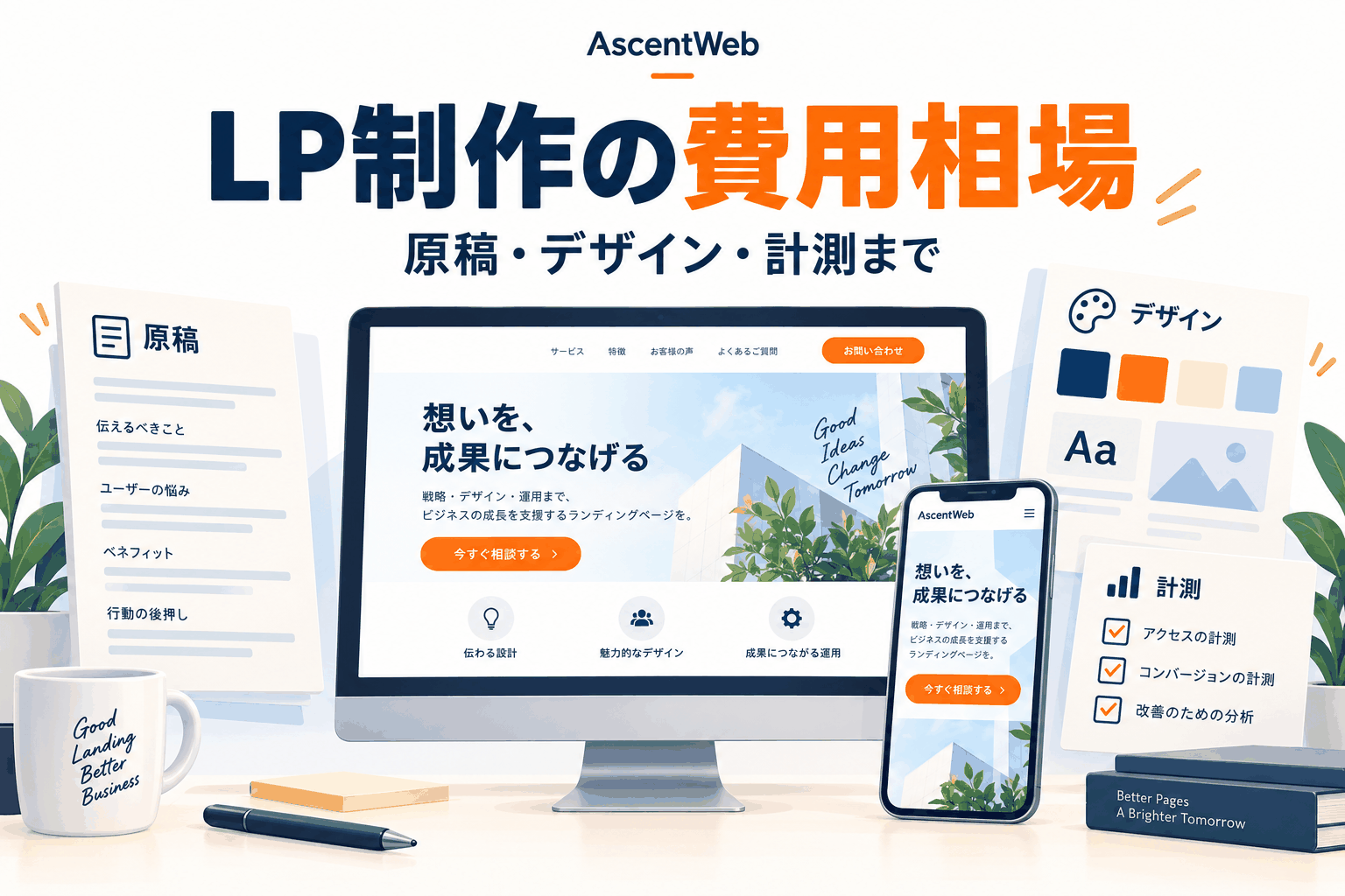 LP制作の費用相場。原稿・デザイン・計測の作業とPC・スマホのLPを組み合わせたイメージ。