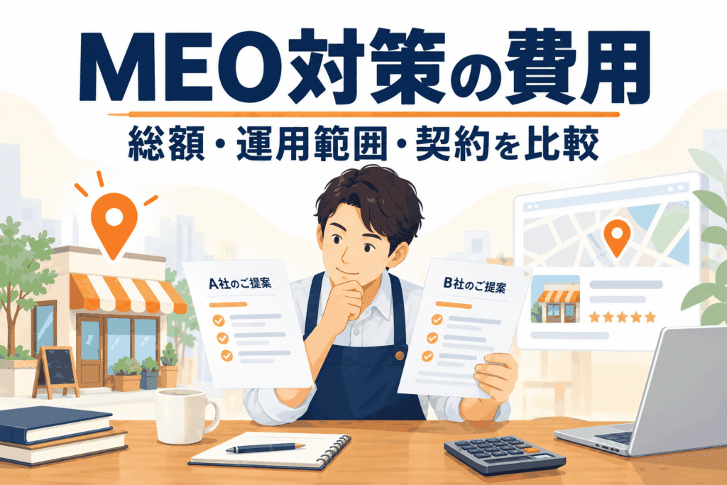 MEO対策の費用はいくら?料金形態・年間総額・契約条件の比較方法。関連資料を見比べるイラスト。