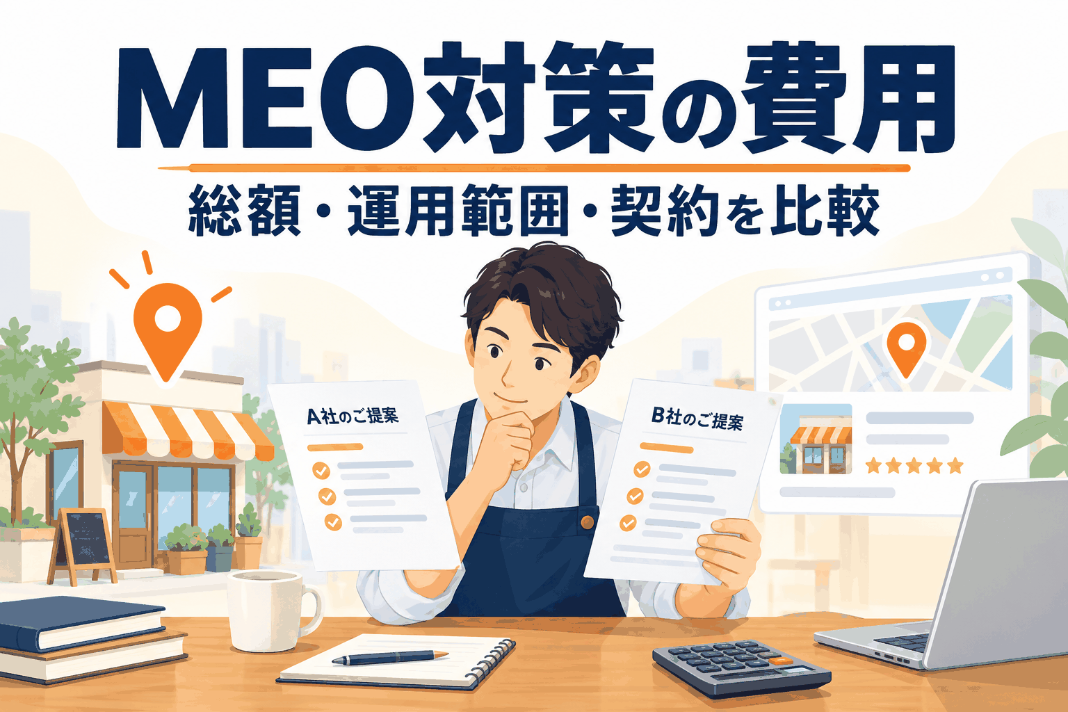 MEO対策の費用はいくら?料金形態・年間総額・契約条件の比較方法。関連資料を見比べるイラスト。