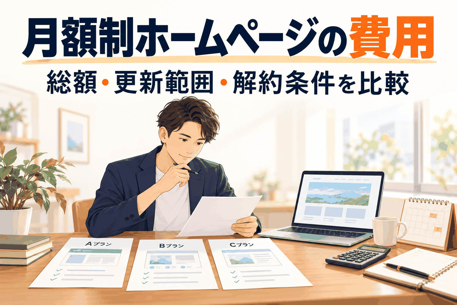 月額制ホームページはいくらかかる?総額・更新範囲・解約条件の比較方法。関連資料を見比べるイラスト。