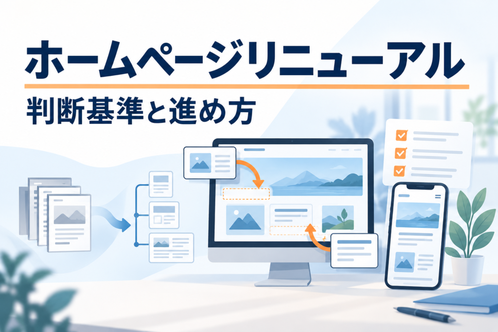 ホームページリニューアルの判断基準と進め方。PCとスマホのページ構成を見直すイメージ。