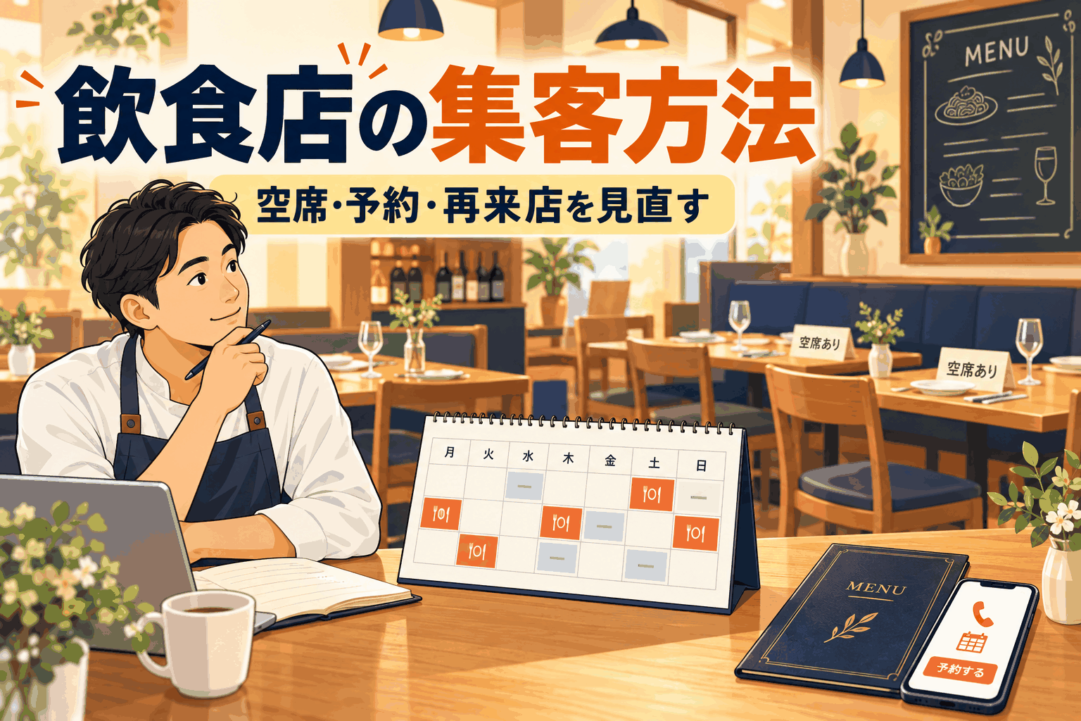 飲食店の集客方法|曜日・時間帯の空席から考える予約と再来店の改善。関連資料を見比べるイラスト。